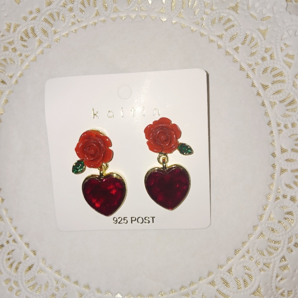 Kaitin - 1pair Heart Drop Earrings - Dangly - Post Backs - Red - Glamourous